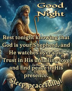 the good night with an image of jesus sitting on top of sheep and holding a staff