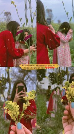 two women in red dresses standing next to each other and touching flowers with their hands