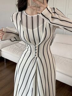 Women's Elegant Striped Long Sleeve Dress, Spring Autumn Apricot Elegant  Long Sleeve Knitted Fabric Colorblock,Striped A Line Slight Stretch  Women Clothing, size features are:Bust: ,Length: ,Sleeve Length: Print Chiffon Dress, Elegant Fall, Dress Spring, Cosplay Dress, Women Long Dresses, Girls Sweaters, 15 Dresses, Striped Long Sleeve, Fitted Dress