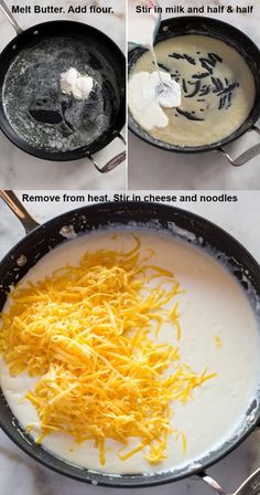 cheese being cooked in a skillet and then melted cheese is added to the mixture