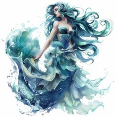 a woman in a blue and white dress is holding a large green mermaid's tail