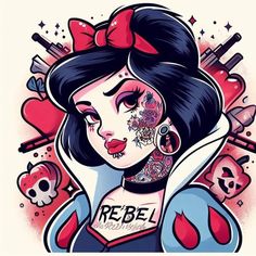 a drawing of a girl with tattoos on her face and arms, holding scissors in one hand