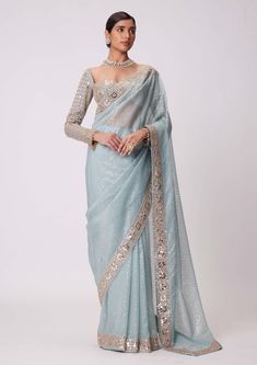 Powder Blue Organza Sari And Blouse by Vvani By Vani Vats available on Indiaspopup.com Light Blue Saree, Blue Organza Saree, Cinderella Fashion, Farewell Saree, Mirror Blouse, Organza Sari, Farewell Sarees, Sequins Saree, Floral Sarees