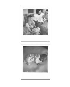 two black and white photos of people holding babies