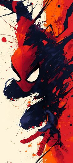 a spider - man poster with red and black paint splattered on it's face