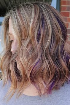 Subtle Color In Blonde Hair, Pb And J Hair Color, Purple Balayage Straight Hair, Light Brown Hair Purple Highlights, Color For Light Brown Hair