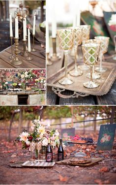 there are many different pictures of wine glasses and candles on the table with flowers in them