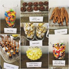 there are many different desserts and sweets on the table in front of each other