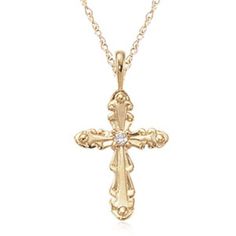 Carla Diamond Fancy Cross - 14K Yellow Gold Pendant 14K Yellow Gold Fancy Cross with .05 Diamond Pendant Measures: 0.55 inch wide x 1.00 inch long Jewelry Type: Diamond Pendant, Cross Pendant Metal: 14K Yellow Gold Made in the USA with a Lifetime Guarantee Carla Diamond Fancy Cross Pendant Elegant 14k Stamped Cross Pendant Jewelry, Classic Yellow Gold Cross Pendant Jewelry, 14k Gold Cross Jewelry For Anniversary, Classic Gold Jewelry With Diamond Accents, Wedding Cross Jewelry Stamped 14k, Classic Yellow Gold Cross Jewelry, Classic Cross Jewelry For Anniversary, Gold Cross Pendant Jewelry With Diamond Accents, Classic 14k Stamped Cross Pendant Jewelry