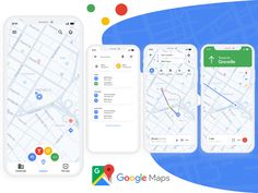 three different screens with google maps on them