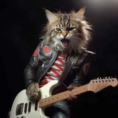 a cat wearing a leather jacket and holding a guitar with its mouth open while sitting in front of a black background