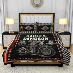 harley davidson motorcycle bedding set with checkered bedspread and two nightstands