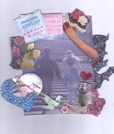 altered collage with people and flowers on white paper, surrounded by other items from the past