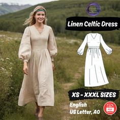 Gathered Linen Dress Pattern V Neck Bishop Sleeve Dress Pattern Tea Maxi Dress Sewing Pattern | Celtic Dress Sleeves Bundle: https://www.etsy.com/listing/1708033345/sleeves-sewing-pattern-bundle-8-dress What this sewing pattern includes: ❤️️Sewing pattern in US Letter (A4 Size with original size of US Letter Print) and A0 size ❤️️Sewing Instructions and detailed size chart for any level of sewist ❤️️Correct size measurement guide ❤️️PDF file type for all files You can choose only to print the size you need. Each size is subtracted on a separate file, for ease of use and simplicity when printing at home. Material recommendations: I mostly recommend soft cotton material, but depending on the pattern, other fabrics can be used, such as linen, nylon or satin. If you have any problems or questi Maxi Dress Sewing Pattern, Maxi Dress Sewing, Maxi Dress Pattern Sewing, Linen Dress Pattern, Celtic Dress, Bishop Sleeve Dress, Costume Sewing Patterns, Dress Sleeves, Sewing Instructions