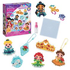 Aquabeads is the Original Water-Activated Bead Craft Kit! Since 24, children throughout the world have created millions of Aquabeads designs. The Disney Pricess Dress-Up Set includes 9 beads, various dress-up bases, layout tray, sprayer, template sheets, and instructions.Following the template sheet, place the beads onto the tray to create Belle, Cinderella, Jasmine, Ariel, and lots more. Using the sprayer, spray water onto the beads to make them magically stick together! When the bead creations Disney Princess Dress Up, Disney Princess Dress, Star Beads, Art & Craft Kit, Princess Dress Up, Disney Princess Dresses, Craft Activity, Activity Kits, Fuse Beads