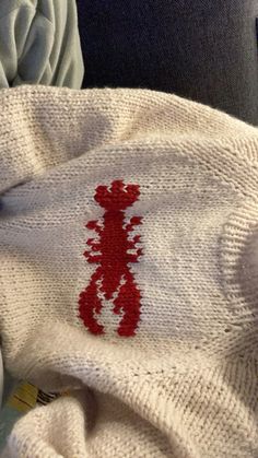 a white sweater with a red design on it