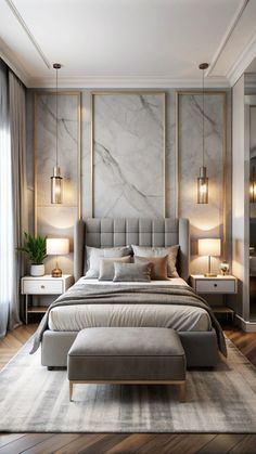 a bedroom with marble walls and flooring