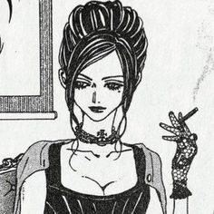 a black and white drawing of a woman holding a knife in one hand and looking at the camera