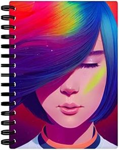 a girl with colorful hair and rainbow colors on her face is shown in this spiral notebook