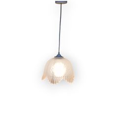 a white light hanging from a ceiling fixture with a blue handle and an angel wing design