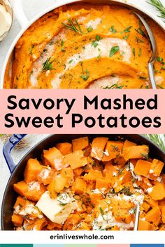 a pan filled with mashed sweet potatoes on top of a table