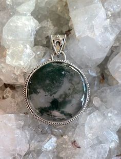 "Moss Agate Sterling Silver Pendant 1-7/16\" L by 1\" W Moss Agate stone is 22mm 8.6g Sterling Silver, stamped 925" Green Gem, Natural Stone Jewelry, Green Gems, Scroll Design, Agate Stone, Moss Agate, Sterling Silver Pendant, Stone Jewelry, Sterling Silver Pendants