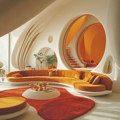 a living room filled with lots of orange and white furniture