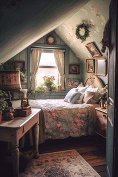 an attic bedroom with a bed, desk and window