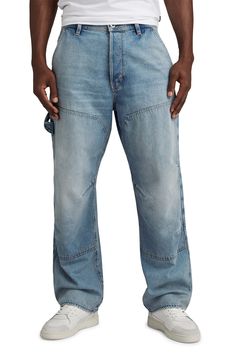 Loose and relaxed, these nonstretch carpenter jeans feature a hammer loop, pleats at the knees and roomy pockets set slightly lower in back. Button fly Front slant pockets; back patch pockets 75% regenerative cotton, 25% recycled cotton Machine wash, line dry Imported G Star Men, Manish Fashion, Style Masculin, G Star Raw Jeans, Men's Robes, Estilo Denim, Jean Large, Jean Flare, Mens Fashion Urban