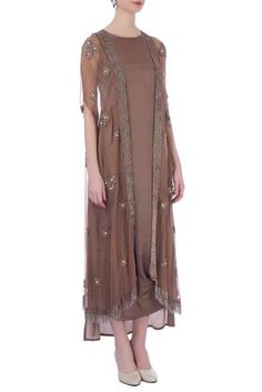 Shop for Maison Blu Brown Silk Draped Dress With Cape Jacket for Women Online at Aza Fashions Festive Cape Dress With Draped Sleeves, Elegant Front Open Party Dress, Elegant Cape Dress With Sheer Dupatta, Elegant Designer Cape Dresses, Elegant Front Open Designer Dresses, Spring Reception Dress With Cape Sleeves, Designer Cape Dress, Spring Designer Dress With Cape Sleeves, Designer Spring Dresses With Cape Sleeves