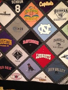 a quilt made to look like it has many different logos on it