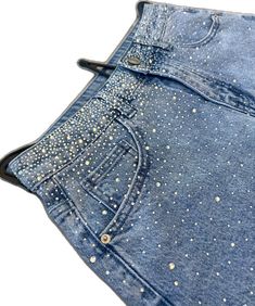 Blue Rhinestone Straight Leg Jeans, Medium Wash Rhinestone Denim Jeans, Trendy Rhinestone Jeans, Party Jeans With Rhinestones Straight Leg, Party Straight Leg Jeans With Rhinestones, Summer Party Jeans With Rhinestones, Embellished Party Jeans, Glamorous Fitted Denim Jeans, Party Blue Jeans With Rhinestones