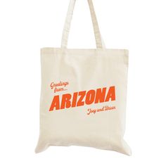 a white bag with the words arizona printed on it and an orange logo in red