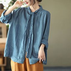 Solid Bow-Tied Collar Casual Linen Blouse - Luckyback Blue Long Sleeve Tops With Tie Sleeves, Casual Tie Neck Shirt For Workwear, Spring Button-up Blouse With Tie Sleeves, Casual Long Sleeve Top With Tie Sleeves, Blue Tie Neck Tops For Spring, Casual Blue Tops With Tie Sleeves, Blue Tops With Tie Sleeves For Spring, Blue Summer Blouse With Tie Sleeves, Casual Cotton Tie-neck Blouse