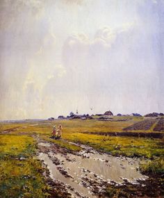 an oil painting of two people walking across a field near a stream in the distance