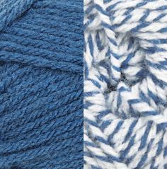 two images of blue and white yarn