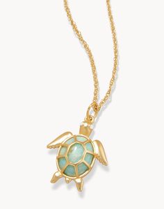 Our Green Sea Turtle Necklace holds all the coastal charm in its 18 KT matte gold plating and natural Amazonite stone. Wear this necklace to keep the ocean and all its magical creatures close to heart. Can be worn long or double up chain for a shorter style. Please note: This design features natural stones and each piece is one-of-a-kind. Colors and patterns may vary slightly from the image shown. Gold Ocean-inspired Necklace For Beach Season, Gold Ocean-inspired Necklaces For Beach Season, Ocean-inspired Gold Necklaces For Vacation, Green Ocean-inspired Necklaces For The Beach, Gold Turtle Necklace, Spartina 449, Sea Turtle Necklace, Green Sea Turtle, Amazonite Stone