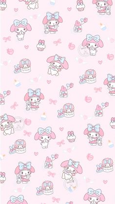 a pink wallpaper with many different cartoon animals on it's side and hearts in the background