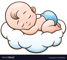 a baby sleeping on top of a cloud with its head resting on it's back