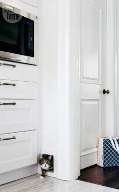 a cat hiding in the corner of a kitchen next to a microwave oven and cabinets