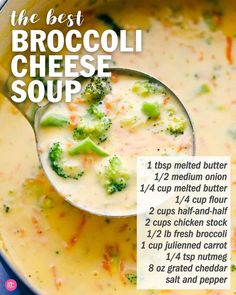 the best broccoli cheese soup recipe is in a pot with a ladle