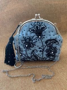 "Small elegant modern embroidered cosmetics bag. Perfectly fits to the evening dress or for every day. Made from denim material. Size 17cmx16cm (7\"x 6\"). Chain hand holder 93cm (37\")" Embroidered Handheld Shoulder Bag For Evening, Embroidered Evening Clutch Shoulder Bag, Elegant Evening Coin Purse With Zipper, Evening Clutch Cosmetic Bag With Zipper, Embroidered Evening Clutch Bag, Embroidered Evening Clutch Pouch, Rectangular Zipper Coin Purse For Evening, Elegant Evening Bag With Zipper Pouch, Evening Coin Purse Clutch With Zipper