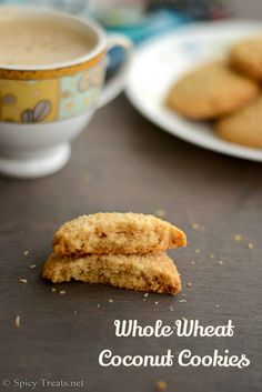 two cookies stacked on top of each other with the words whole wheat coconut cookies next to them