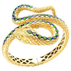 Blue Green Enamel Yellow Gold Snake Bangle | From a unique collection of vintage Bangles at https://www.1stdibs.com/jewelry/bracelets/bangles/. Snake Bangle, Green Snake, Antique Bracelets, Vintage Bangles, Snake Jewelry, Gold Snake, Diamonds And Gold, Gold Decor, Blue Decor