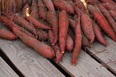 some very pretty purple carrots on a wooden table