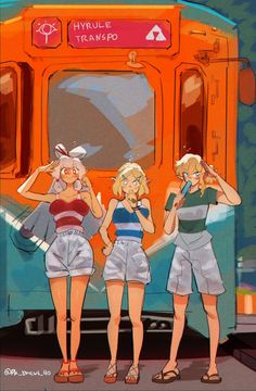 three women standing in front of a bus with the words hyrule trains on it