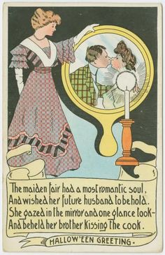 an old fashioned halloween card with a woman looking at herself in the mirror