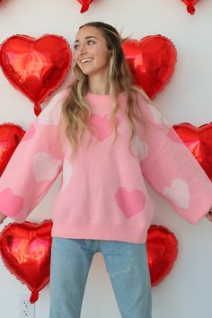 Cute oversized pink sweater with pink and whote hearts! so cozy and will keep you looking cute but comfy during Valentines day! Oversized Pink Sweater, Pink Heart Sweater, Heart Knit Sweater, Pink Oversized Sweater, Heart Sweater, Next Door, Pink Sweater