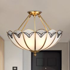 Vintage Brass Semi-Flush Mount Umbrella-Like Light With Milky Glass - 4 Heads Semi Flush Light, Vintage Umbrella, Flush Light, Brass Fixtures, Semi Flush Lighting, Art Deco Chandelier, Colonial Style, Semi Flush Mount, Flush Mount Lighting