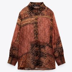 Zara Semi Sheer Brown Printed Button Down Paisley Top Size S Perfect Condition Never Worn Nwot Long Button Down Style Top Very Flowy And Sheer Material Button Down Style, Paisley Top, Sheer Material, Zara Tops, Button Downs, Top Styles, Paisley, Button Down Shirt, Zara